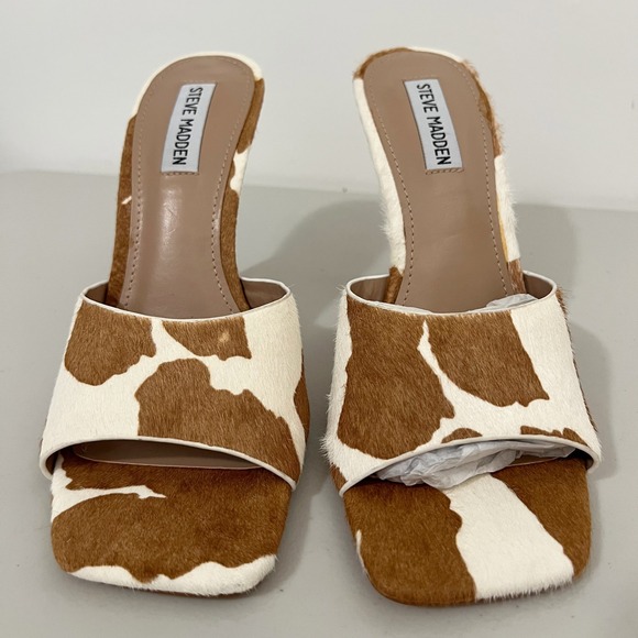 Steve Madden Signal Cow Print Calf Hair Square Toe Stiletto Mules Brown White 9M - Picture 6 of 8